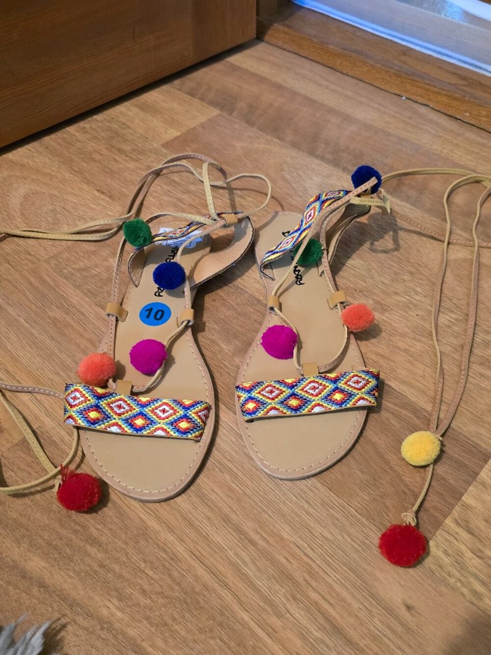 Boho Embroidered Pom Pom Lace-Up Gladiator Sandals